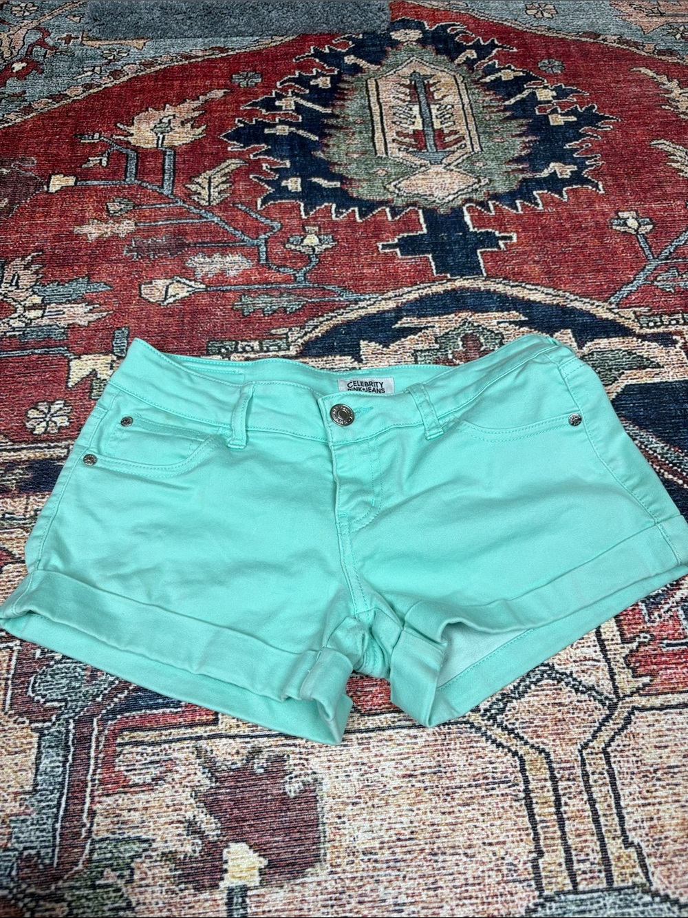 5 Celebrity Pink Seafoam Green teal Rolled-Hem stretchy Jean mini Shorts